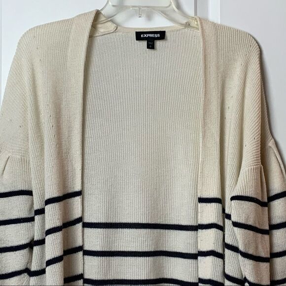 Express Size Small Long Cream and Navy Blue Striped Open Sweater - Picture 2 of 7